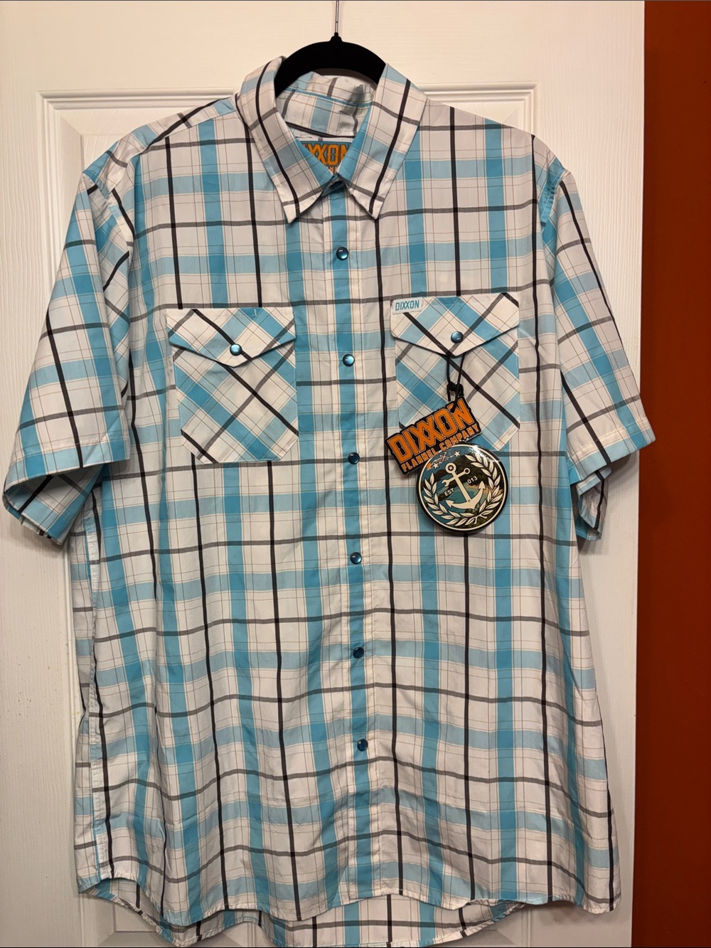 DIXXON Blue and White Plaid Short-Sleeve Button-Down Shirt